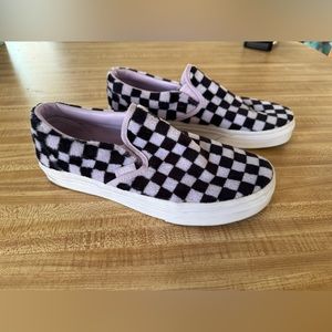 Purple Fuzzy Checkered Slip on Vans